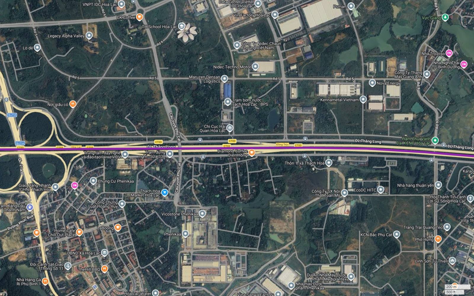 Hành lang metro số 5 Hà Nội nằm trong phạm vi Đại lộ Thăng Long CT03 qua Khu công nghệ cao Hòa Lạc, với hầm chui vành đai khu công nghệ cao