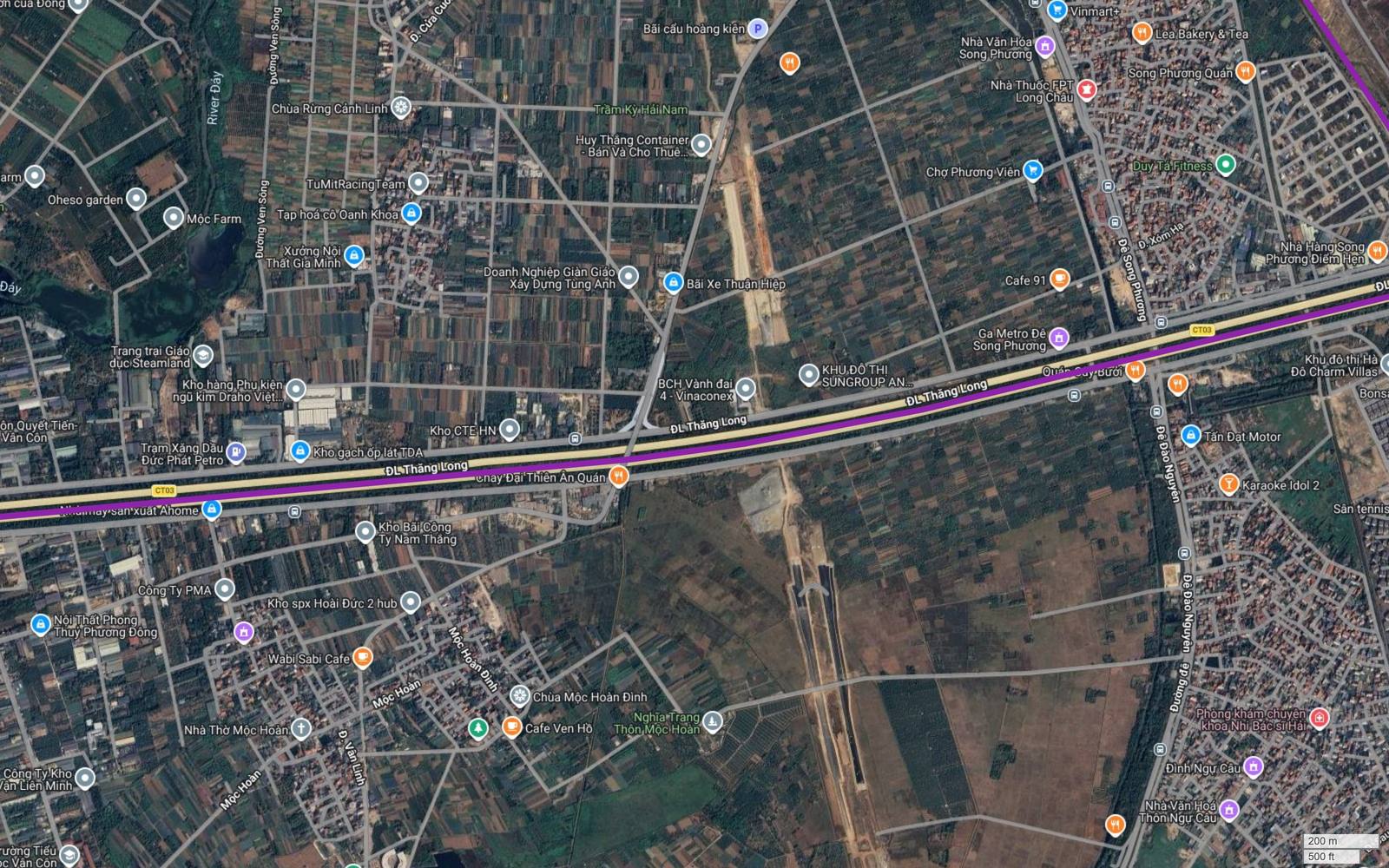 Công trường Vành đai 4 Hà Nội cắt vuông góc Đại lộ Thăng Long tại Song Phương, nơi hành lang metro số 5 Hà Nội đi qua