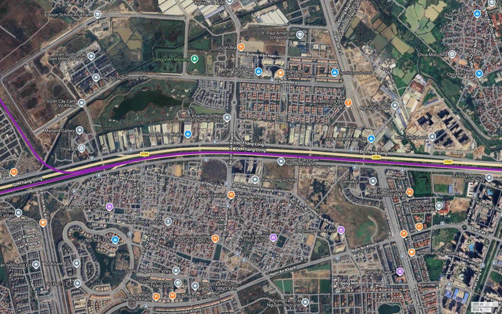 Hành lang metro số 5 Hà Nội cắt trục Vành đai 3.5 tại khu vực Nam An Khánh, giữa Splendora và chuỗi cao ốc phía nam đại lộ
