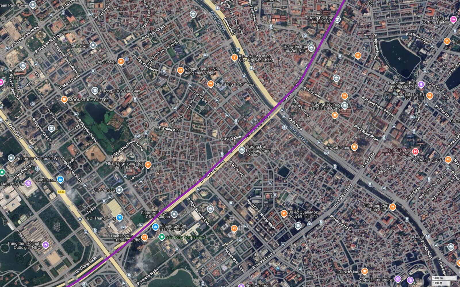 Hành lang metro số 5 Hà Nội cắt trục Vành đai 2 và sông Tô Lịch ở đoạn Trần Duy Hưng, Trúc Khê, Láng Trung