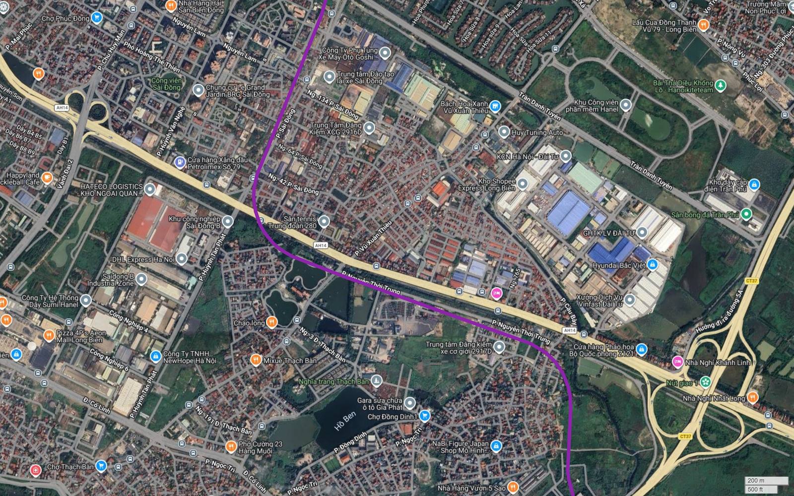 Hành lang metro số 5 Hà Nội cắt trục Nguyễn Văn Linh AH14 tức Quốc lộ 5 cũ tại Thạch Bàn, cạnh Khu công nghiệp Sài Đồng B