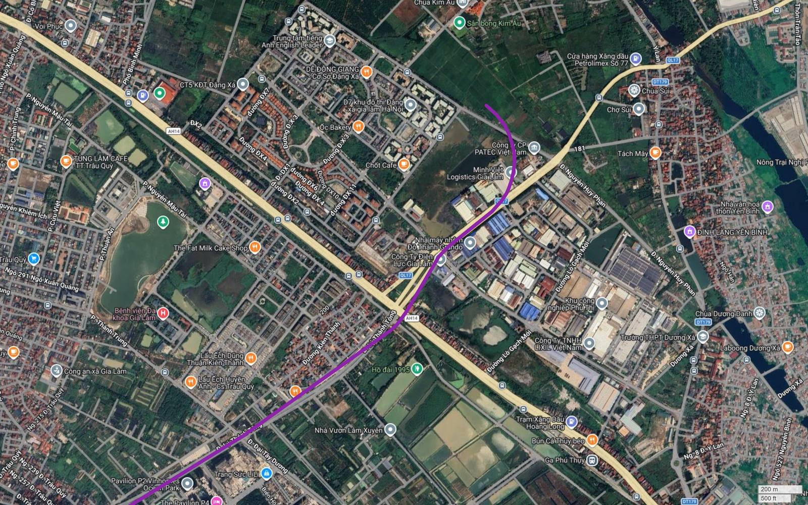 Hành lang metro số 5 Hà Nội cắt Quốc lộ 17 và trục Nguyễn Đức Thuận AH14 tại Đặng Xá, gần Khu công nghiệp Phú Thị và trục ĐT179