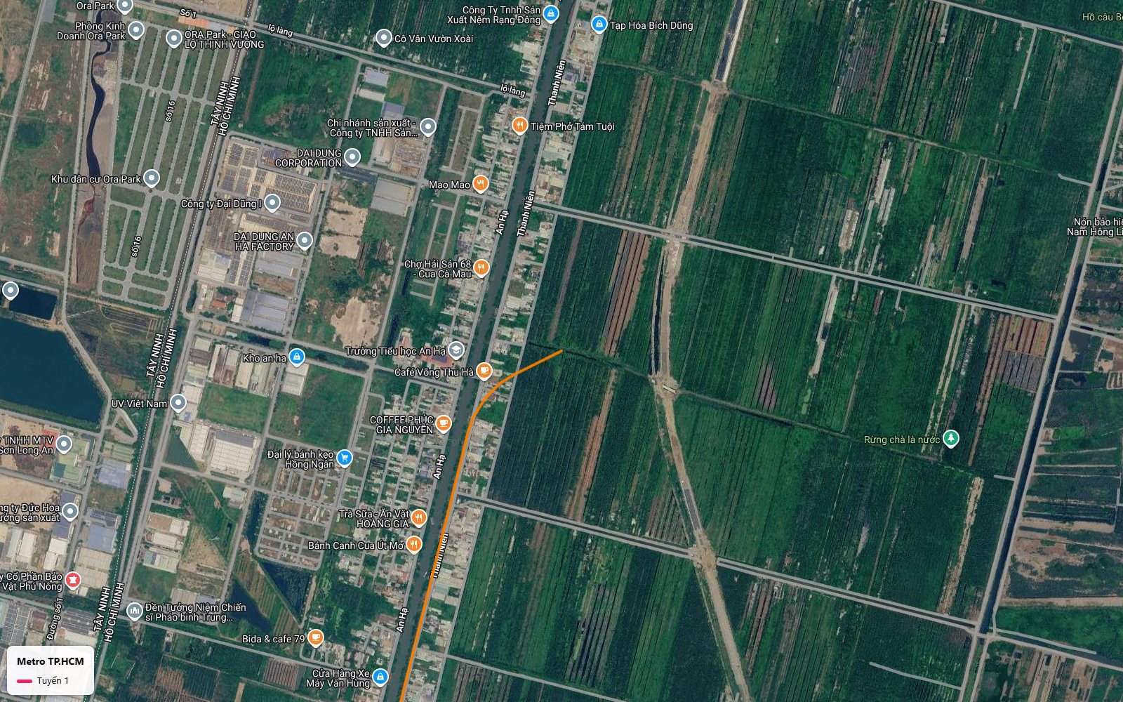 Hành trình tuyến metro số 1 TP.HCM mở đầu tại khu dân cư An Hạ huyện Bình Chánh nhìn từ ảnh vệ tinh