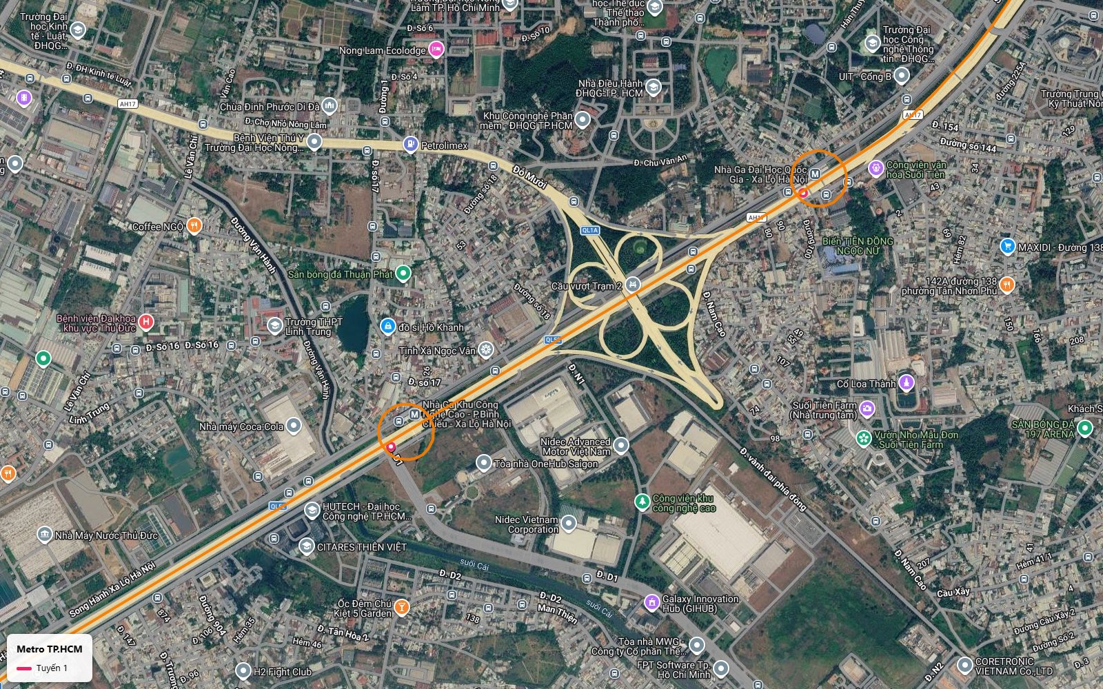 Tuyến metro số 1 vượt nút giao hoa thị Trạm 2 tới ga Đại học Quốc gia cạnh công viên văn hóa Suối Tiên