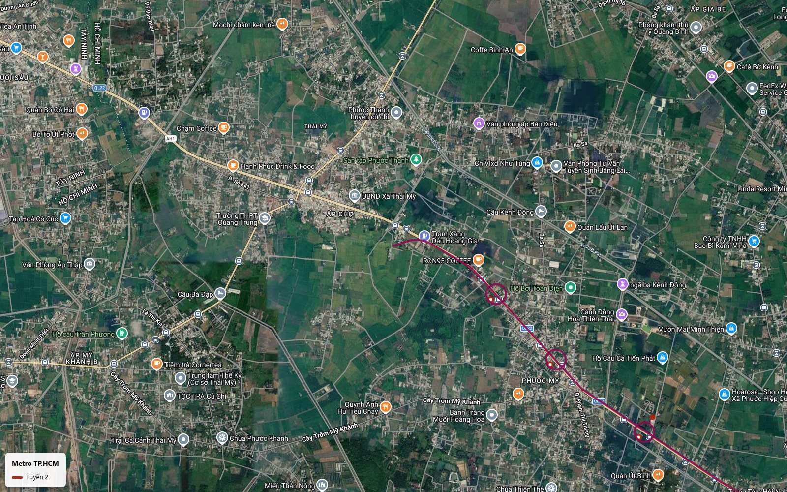 Điểm mở đầu lộ trình tuyến metro số 2 TP.HCM tại xã Thái Mỹ, Củ Chi, vạch tuyến bám Quốc lộ 22 gần cầu Kênh Đông