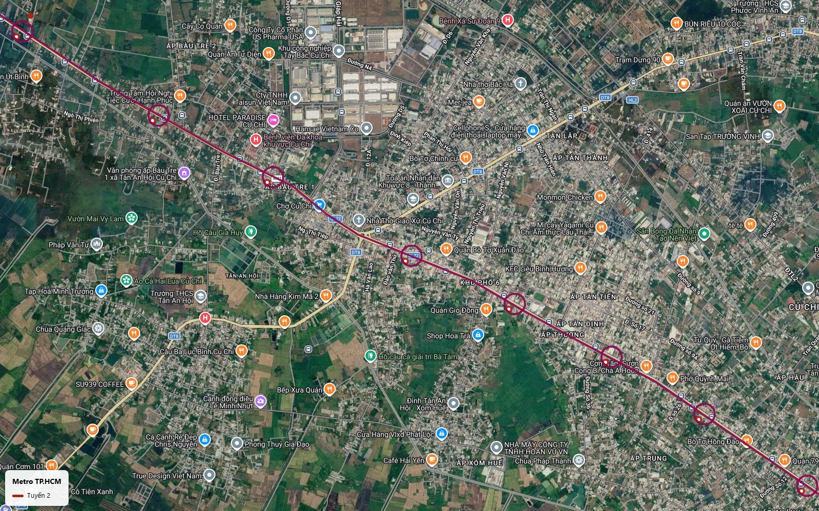 Tuyến metro số 2 TP.HCM đi xuyên thị trấn Củ Chi, ngang chợ Củ Chi và các ấp Tân Tiến, Tân Định trên ảnh vệ tinh