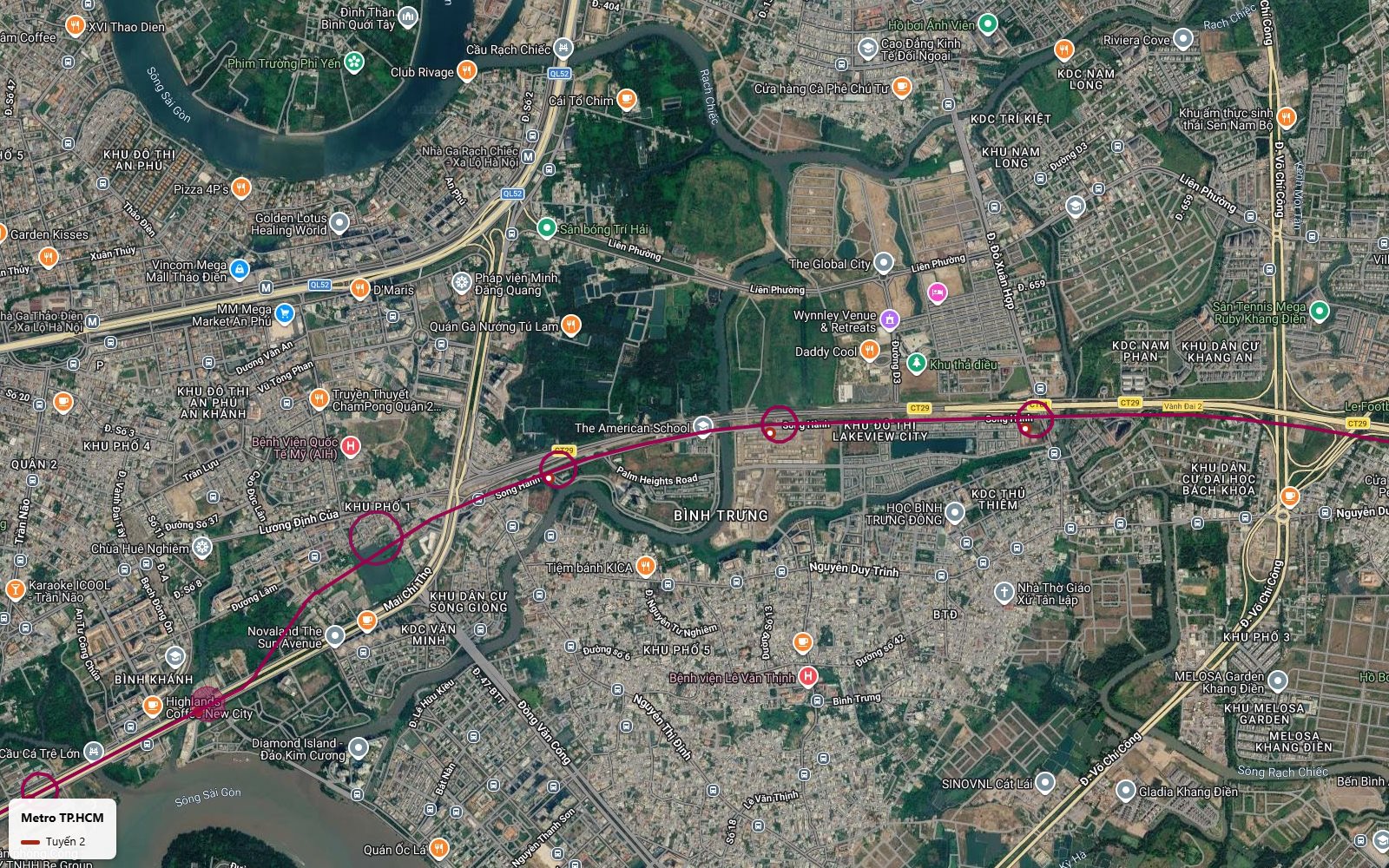 Tuyến metro số 2 TP.HCM phía đông chạy theo đường Song Hành cao tốc qua Lakeview City, gần The Global City và rạch Chiếc