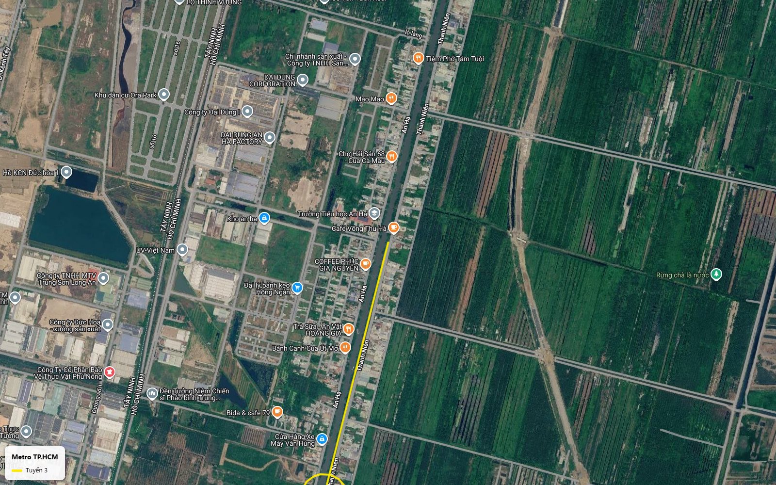 Hành trình ảnh vệ tinh tuyến metro số 3 TP.HCM nhìn xuống trục An Hạ - Thanh Niên, huyện Bình Chánh