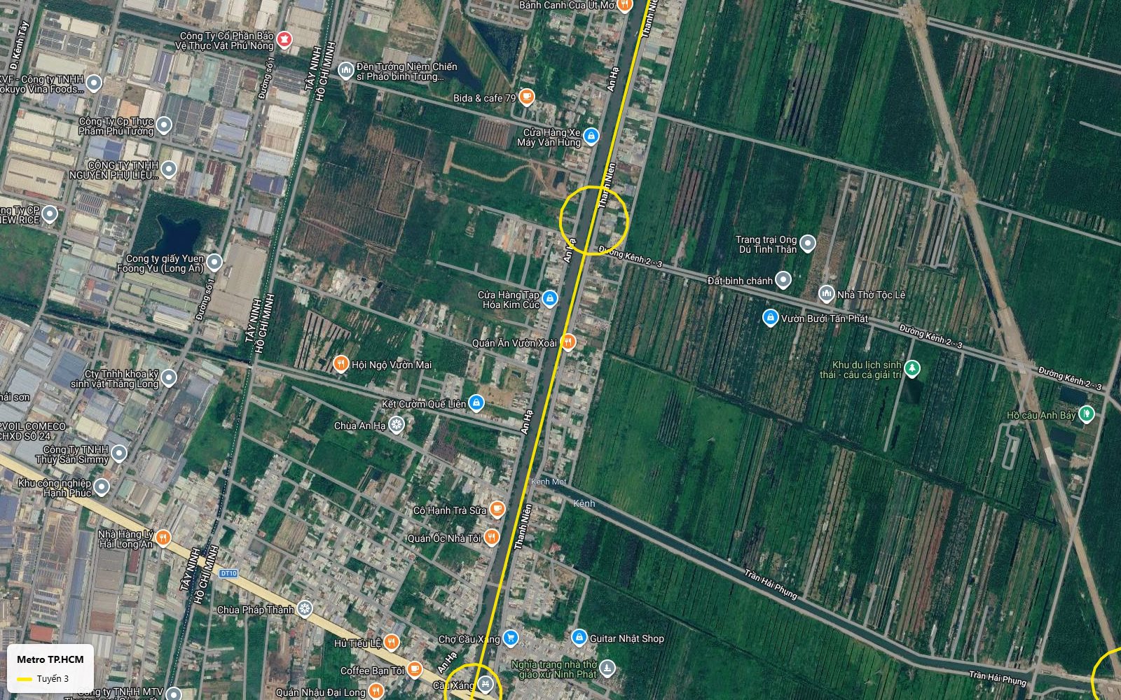 Hành trình ảnh vệ tinh tuyến metro số 3 TP.HCM nhìn xuống ga khu An Hạ tại giao Đường Kênh 2-3, Bình Chánh