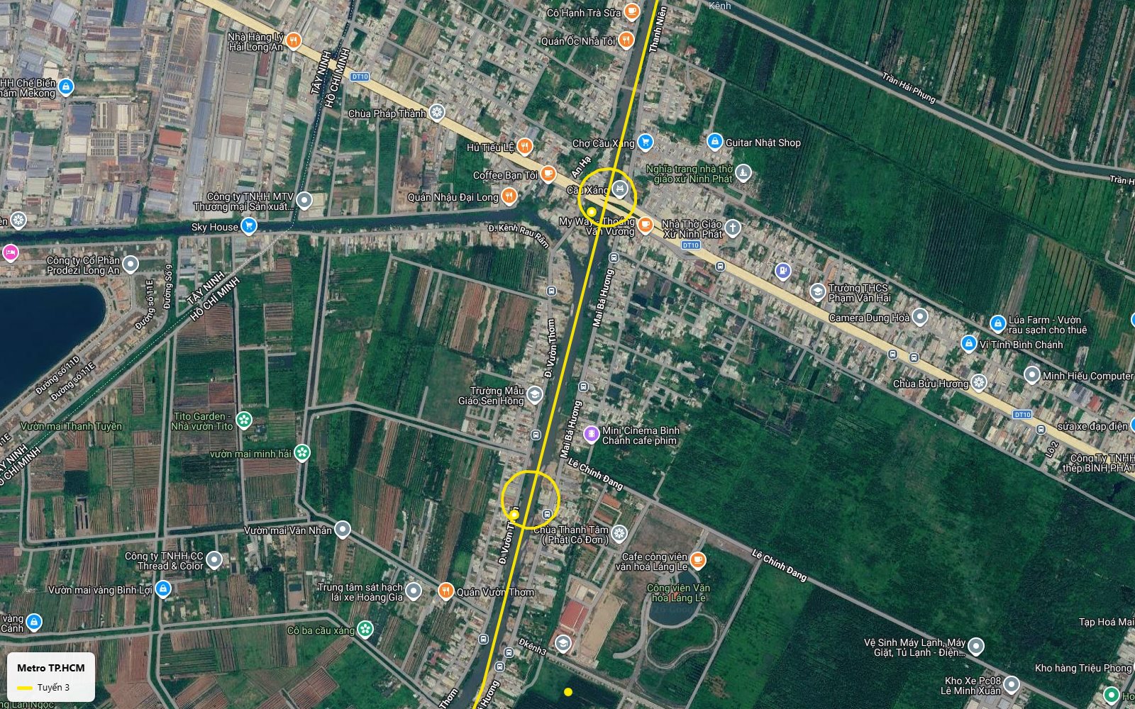 Hành trình ảnh vệ tinh tuyến metro số 3 TP.HCM nhìn xuống ga Cầu Xáng trên tỉnh lộ DT10, gần nhà thờ Ninh Phát