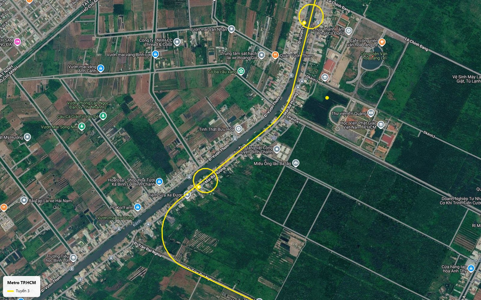 Hành trình ảnh vệ tinh tuyến metro số 3 TP.HCM lượn từ Vườn Thơm - Mai Bá Hương sang đường Trần Đại Nghĩa, Bình Chánh