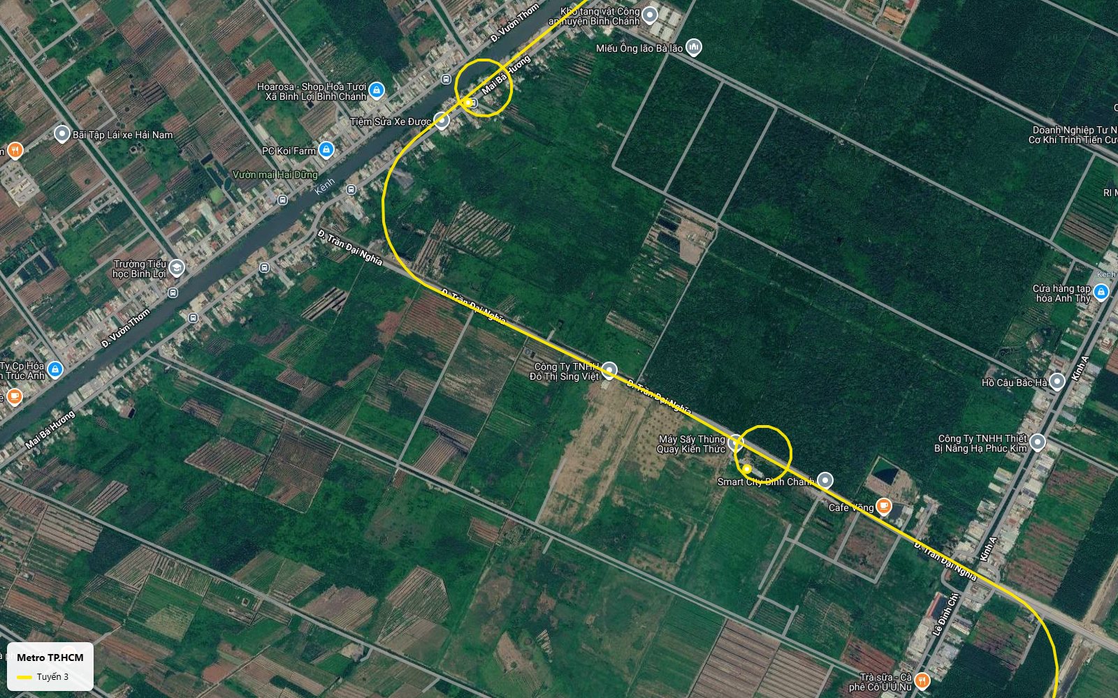 Hành trình ảnh vệ tinh tuyến metro số 3 TP.HCM nhìn xuống khu Smart City Bình Chánh và đô thị Sing Việt trên Trần Đại Nghĩa