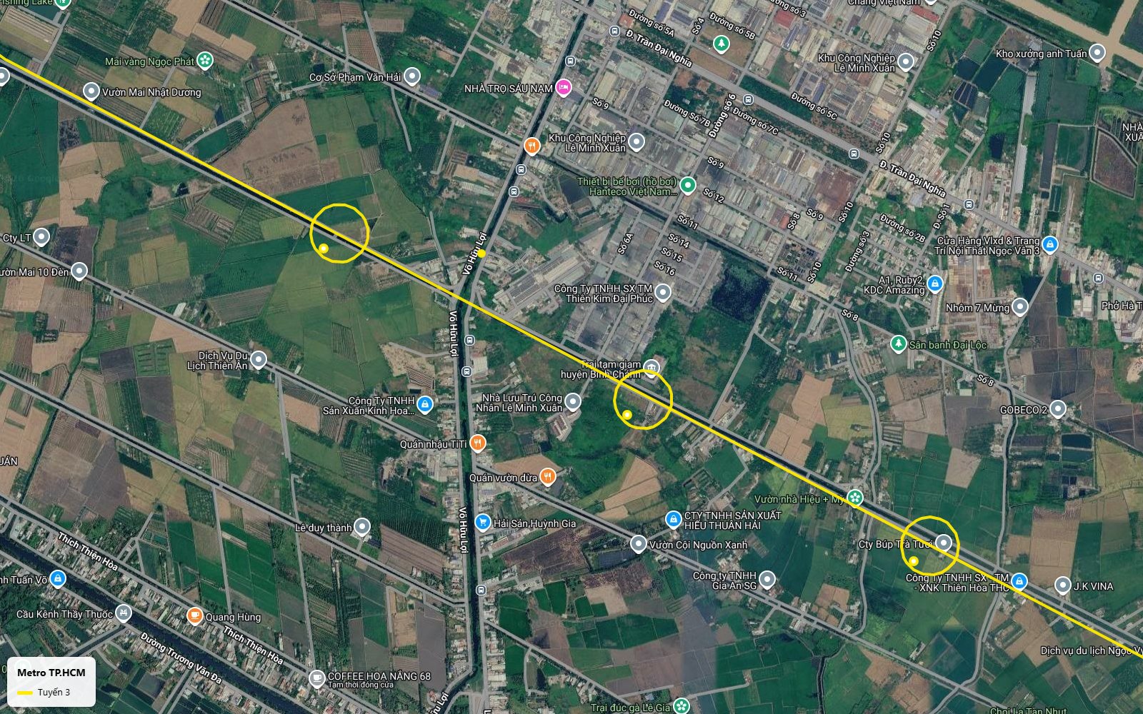 Hành trình ảnh vệ tinh tuyến metro số 3 TP.HCM nhìn xuống hai ga vùng đệm khu công nghiệp Lê Minh Xuân, đường Võ Hữu Lợi