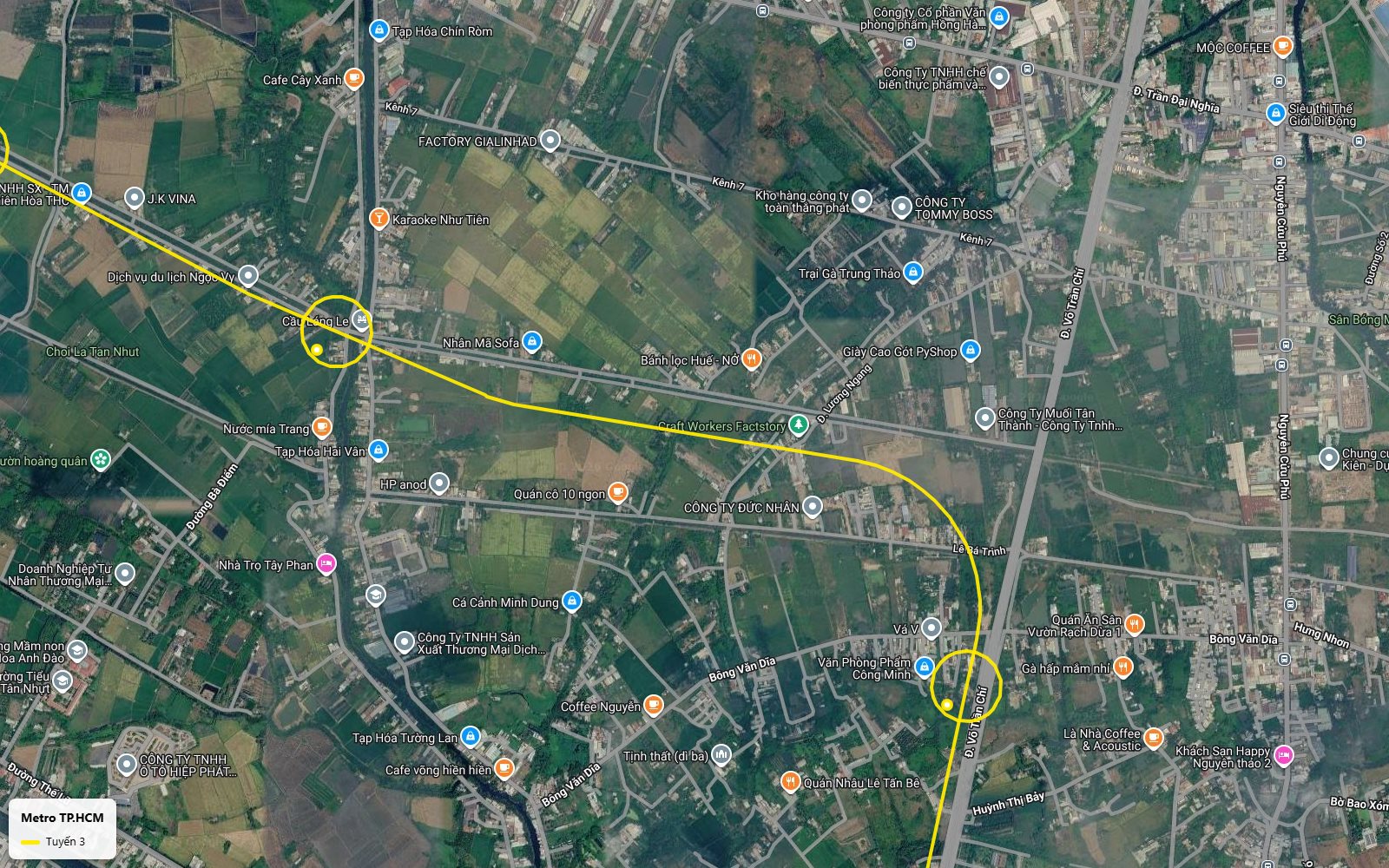 Hành trình ảnh vệ tinh tuyến metro số 3 TP.HCM nhìn xuống cụm y tế Tân Kiên trên Võ Trần Chí, gần Bệnh viện Nhi Đồng Thành Phố