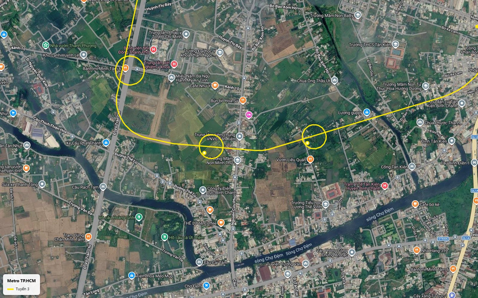 Hành trình ảnh vệ tinh tuyến metro số 3 TP.HCM nhìn xuống khu dân cư Tân Kiên bên sông Chợ Đệm và thị tứ Chợ Đệm