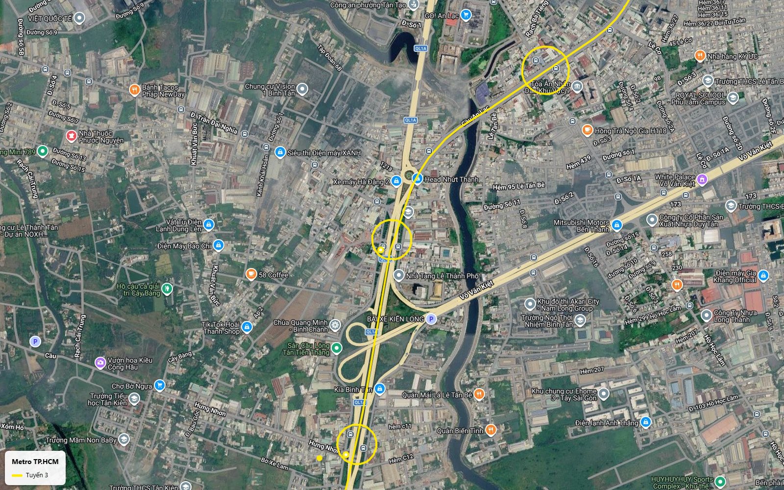 Hành trình ảnh vệ tinh tuyến metro số 3 TP.HCM nhìn xuống nút giao Quốc lộ 1A - Võ Văn Kiệt và cầu An Lạc, gần Akari City