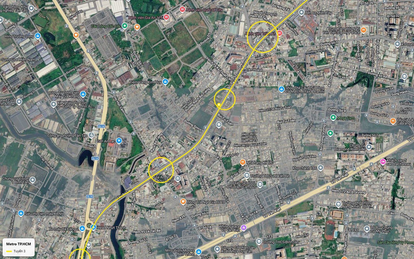 Hành trình ảnh vệ tinh tuyến metro số 3 TP.HCM nhìn xuống ga Bệnh viện Triều An trên Kinh Dương Vương, gần Bến xe Miền Tây