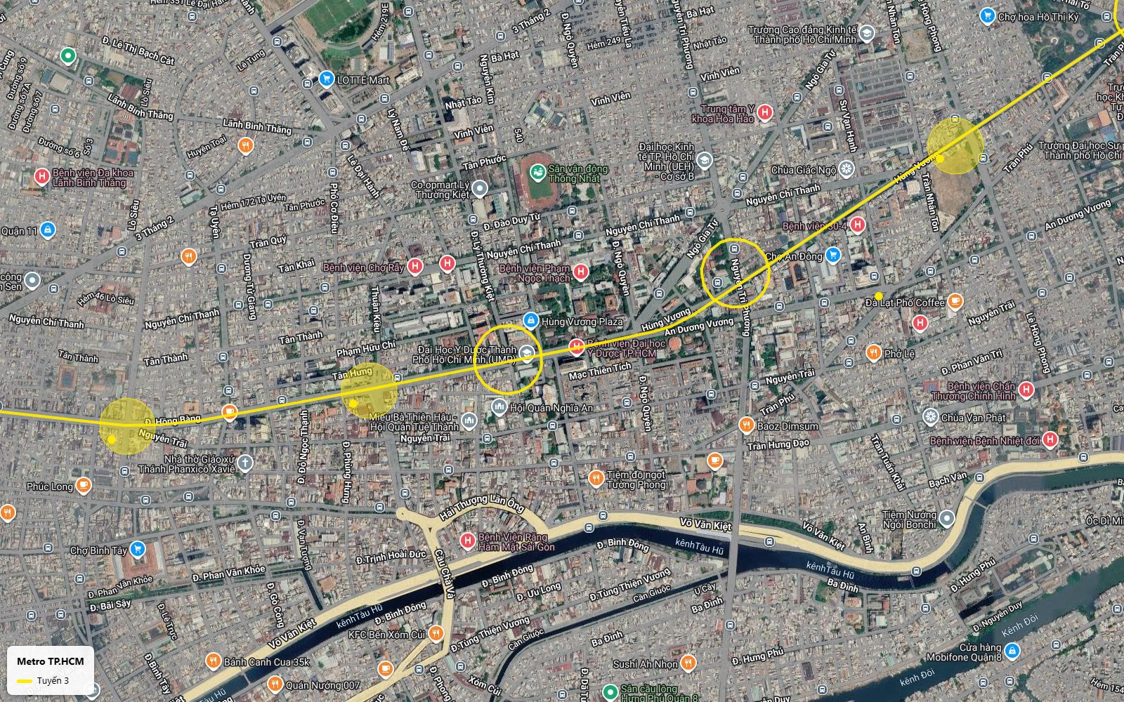 Hành trình ảnh vệ tinh tuyến metro số 3 TP.HCM dưới trục Hùng Vương qua ga Đại học Y Dược và ga Nguyễn Tri Phương, gần chợ An Đông