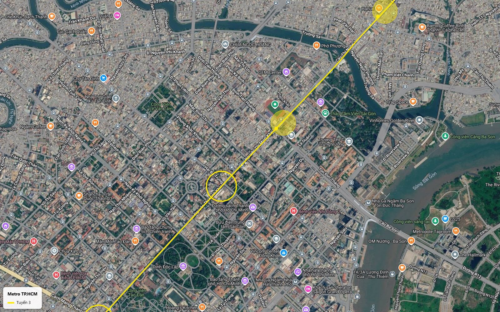 Hành trình ảnh vệ tinh tuyến metro số 3 TP.HCM gần Thảo Cầm Viên Sài Gòn, vượt kênh Thị Nghè sang Bình Thạnh