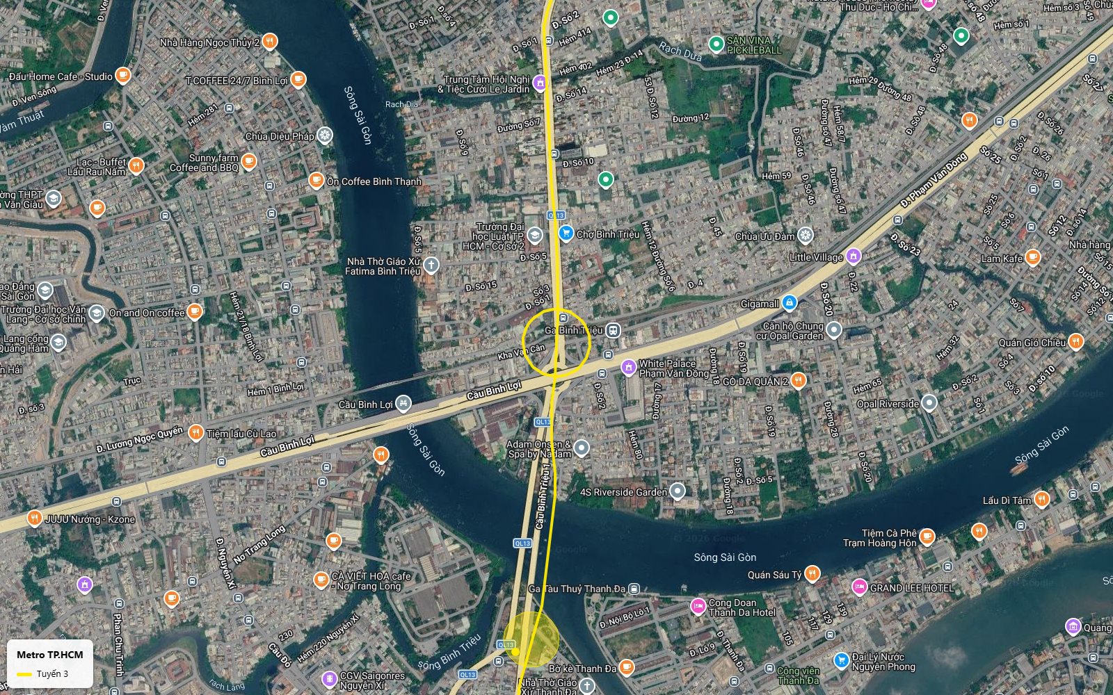 Hành trình ảnh vệ tinh tuyến metro số 3 TP.HCM vượt sông Sài Gòn tại cầu Bình Triệu, ga gần Ga Bình Triệu và Gigamall