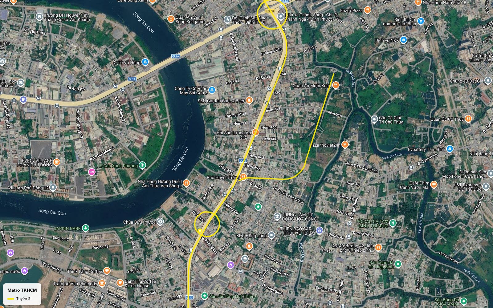 Hành trình ảnh vệ tinh tuyến metro số 3 TP.HCM ở đoạn cuối Quốc lộ 13, tiến về ngã tư Bình Phước gần chợ đầu mối Thủ Đức