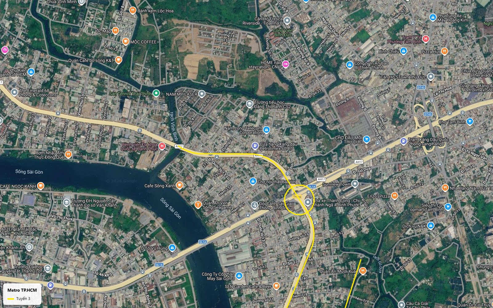 Hành trình ảnh vệ tinh tuyến metro số 3 TP.HCM dừng ở ga cuối ngã tư Bình Phước, nơi Quốc lộ 13 gặp Quốc lộ 1A, gần chợ đầu mối Thủ Đức