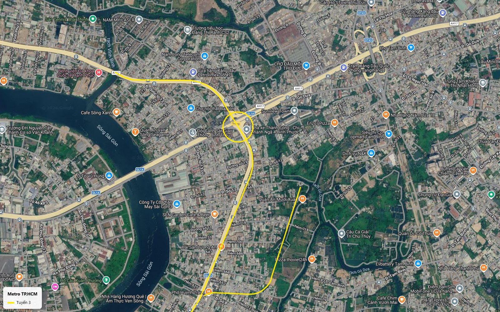 Hành trình ảnh vệ tinh nhánh depot tuyến metro số 3 TP.HCM tách khỏi Quốc lộ 13, men rạch Gò Dưa khu Hiệp Bình - Tam Bình