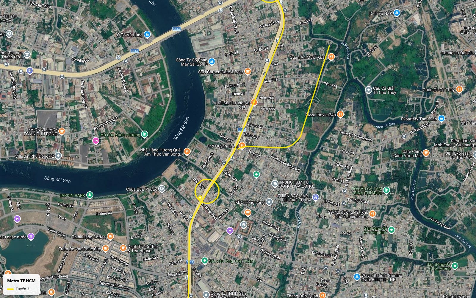 Khung cuối hành trình ảnh vệ tinh tuyến metro số 3 TP.HCM tại khu đất ven rạch Gò Dưa, phường Hiệp Bình, TP Thủ Đức