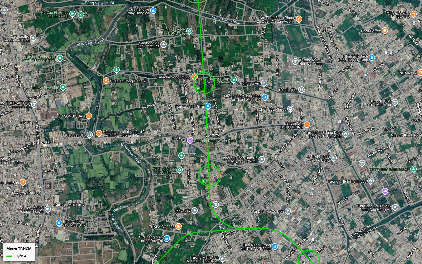 Ảnh vệ tinh tuyến metro số 4 chạy thẳng qua vùng rau phường Thạnh Xuân giữa nhánh sông Vàm Thuật