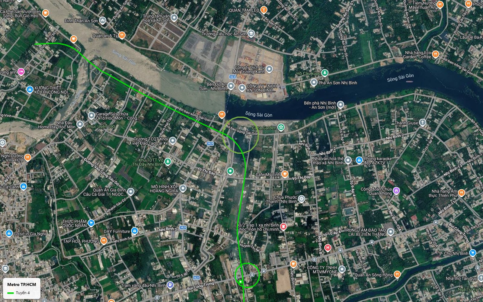 Ảnh vệ tinh điểm đầu tuyến metro số 4 TP.HCM tại Đường số 156 Bình Mỹ Củ Chi gần phà An Sơn Nhị Bình