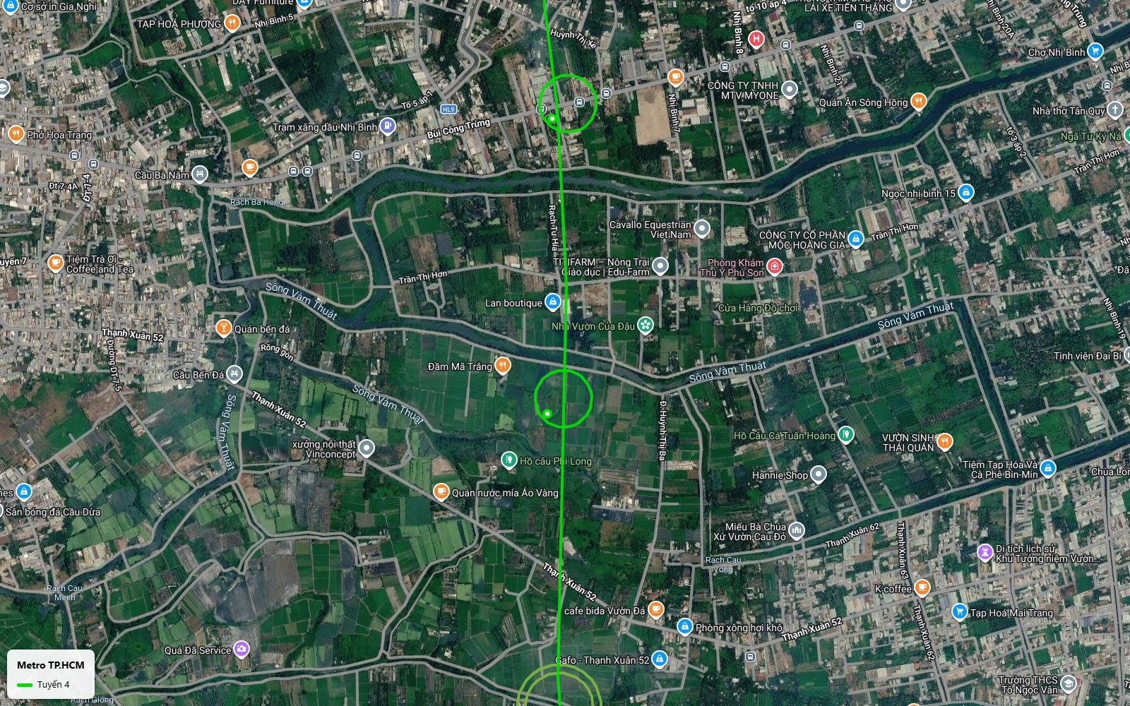 Ảnh vệ tinh tuyến metro số 4 TP.HCM đoạn Nhị Bình Hóc Môn xuôi về Thạnh Xuân Quận 12 dọc rạch Tư Hia