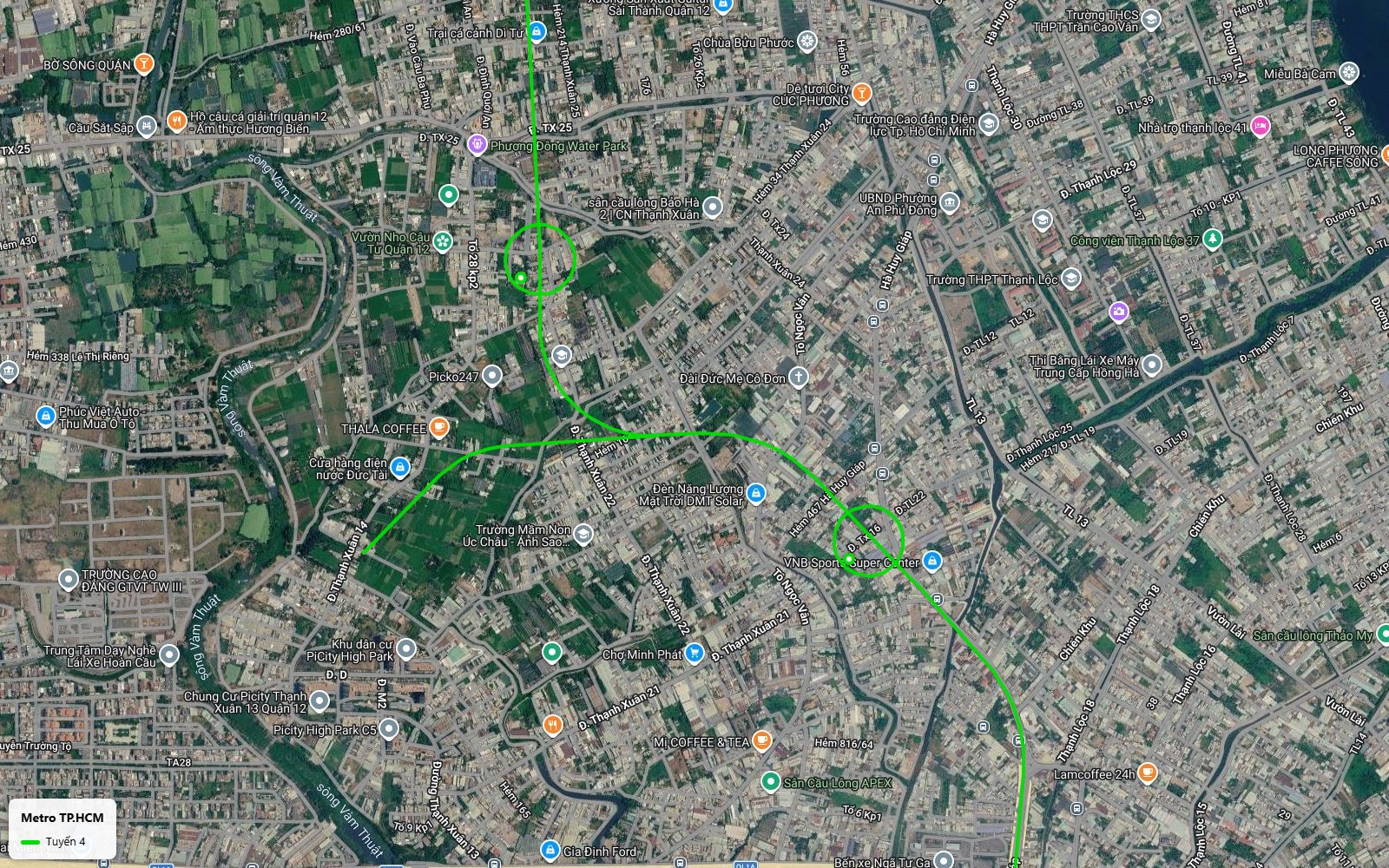 Ảnh vệ tinh tuyến metro số 4 qua Quận 12 đoạn cong từ Thạnh Xuân theo Hà Huy Giáp về Bến xe Ngã Tư Ga