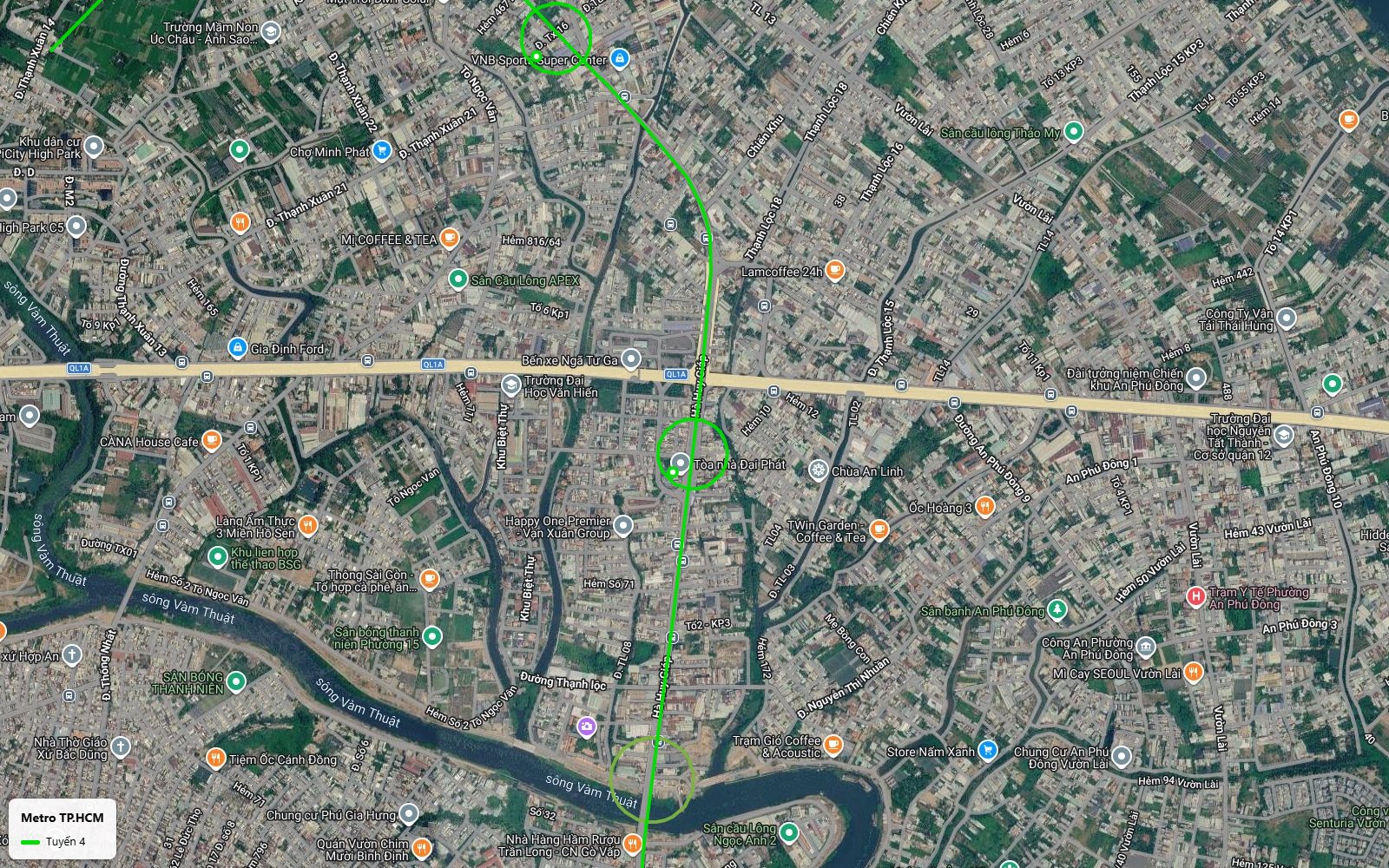 Ảnh vệ tinh tuyến metro số 4 TP.HCM vượt Quốc lộ 1A tại Bến xe Ngã Tư Ga, ga gần Tòa nhà Đại Phát