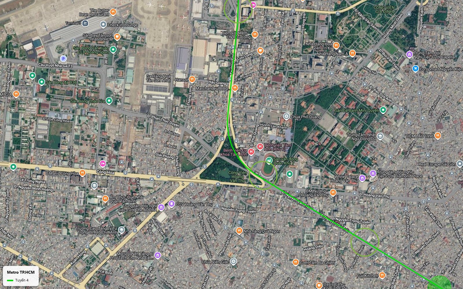 Ảnh vệ tinh tuyến metro số 4 đoạn Trường Sơn công viên Hoàng Văn Thụ rẽ vào Nguyễn Văn Trỗi Phú Nhuận
