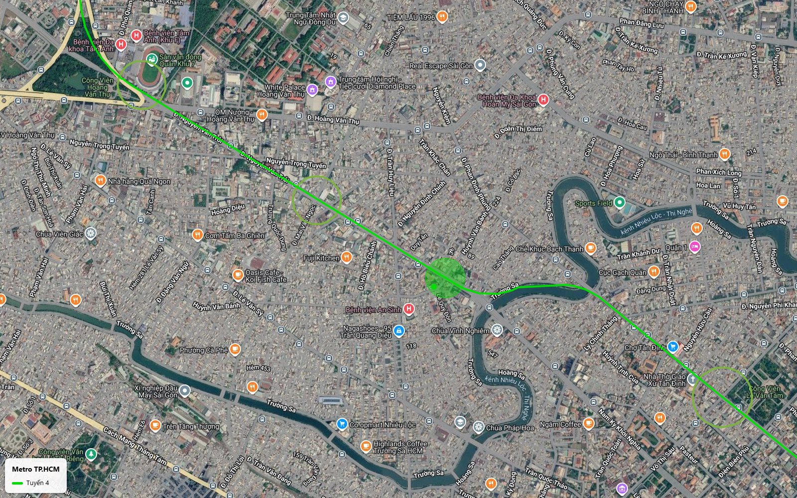 Ảnh vệ tinh tuyến metro số 4 qua Phú Nhuận theo Nguyễn Văn Trỗi, vượt kênh Nhiêu Lộc Thị Nghè gần chùa Vĩnh Nghiêm