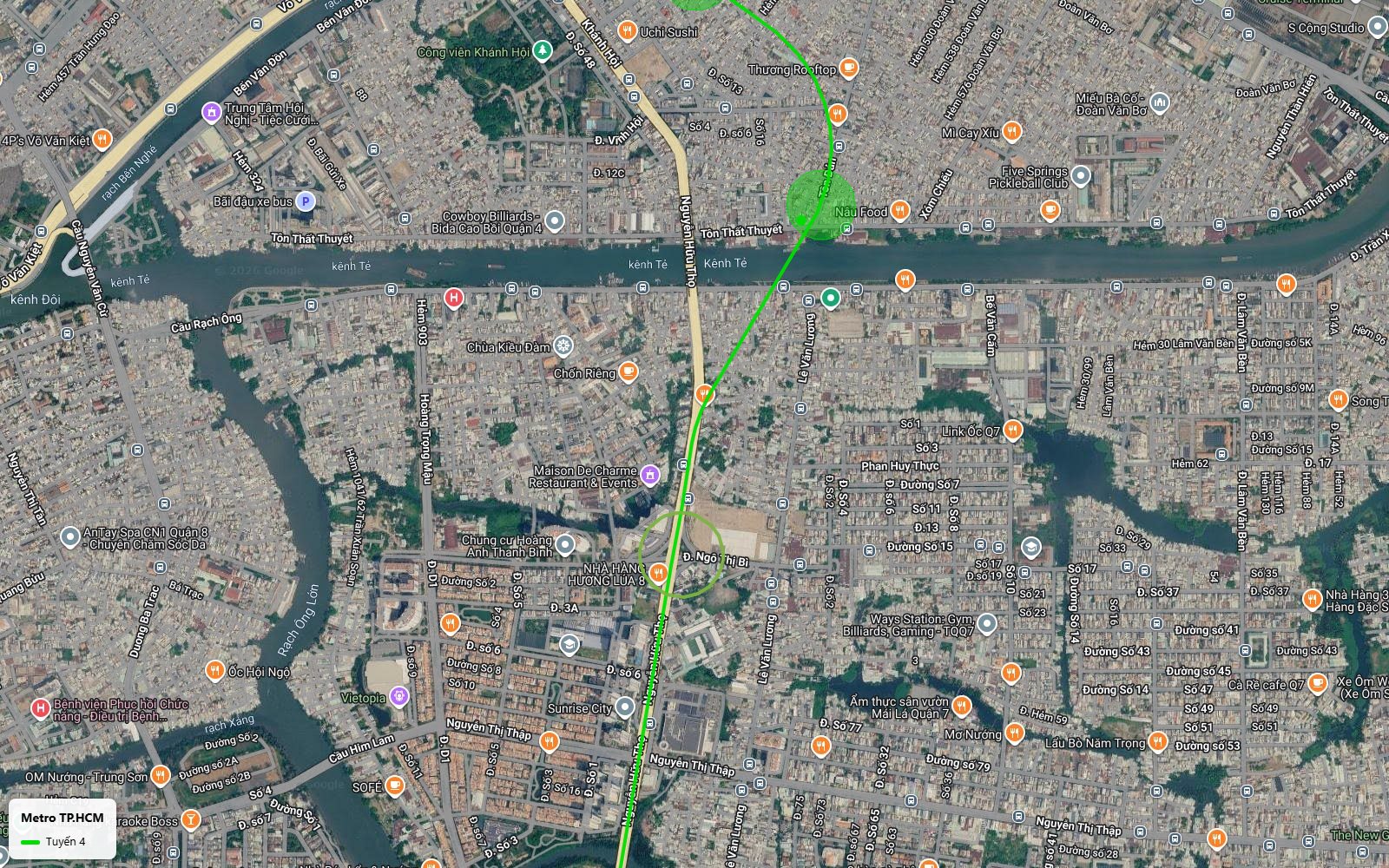 Ảnh vệ tinh tuyến metro số 4 qua Quận 7 vượt kênh Tẻ gần Nguyễn Hữu Thọ, qua khu Him Lam và Sunrise City