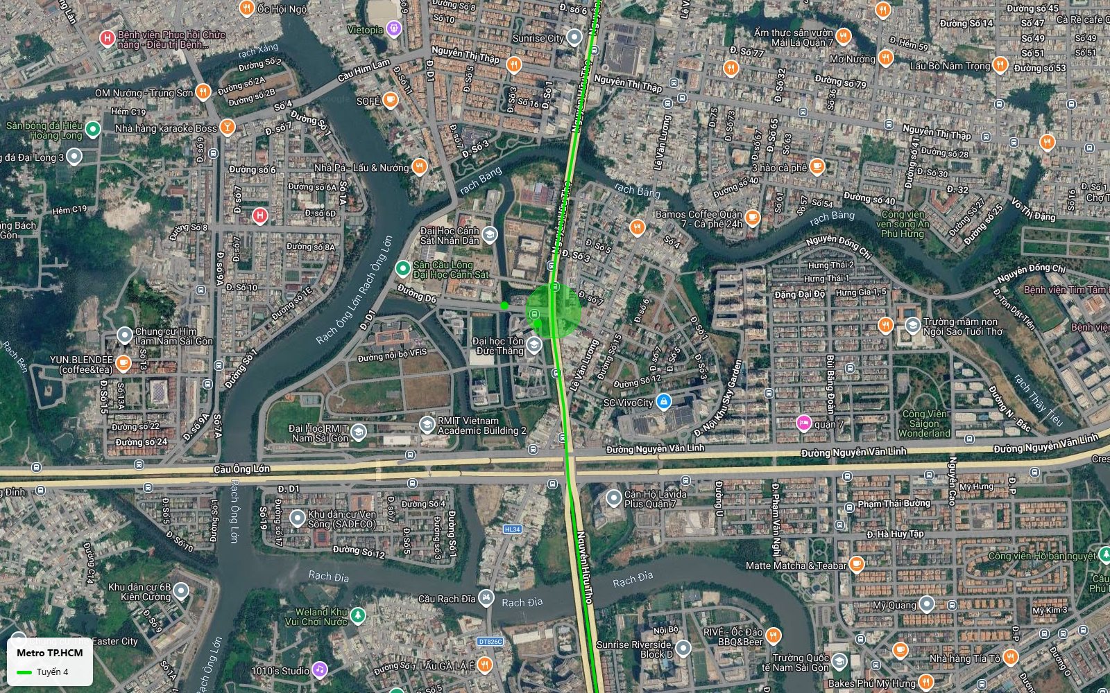 Ảnh vệ tinh tuyến metro số 4 dọc Nguyễn Hữu Thọ Quận 7 qua Đại học Tôn Đức Thắng, RMIT và SC VivoCity