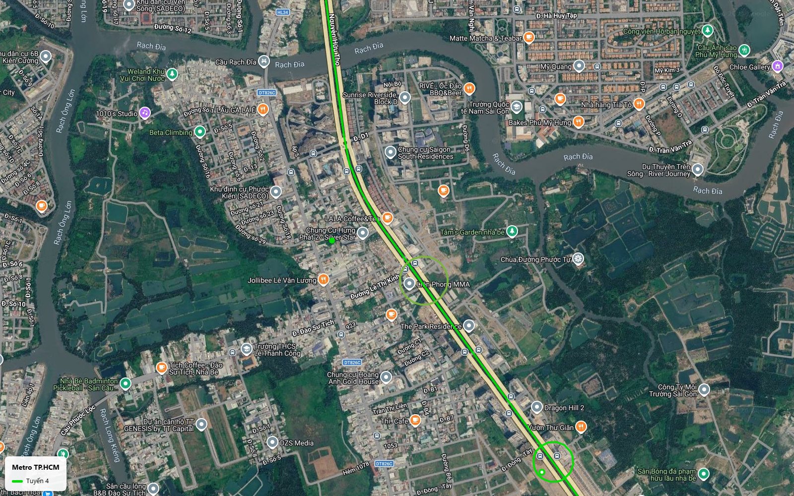 Ảnh vệ tinh tuyến metro số 4 qua xã Phước Kiển Nhà Bè dọc Nguyễn Hữu Thọ gần Sunrise Riverside