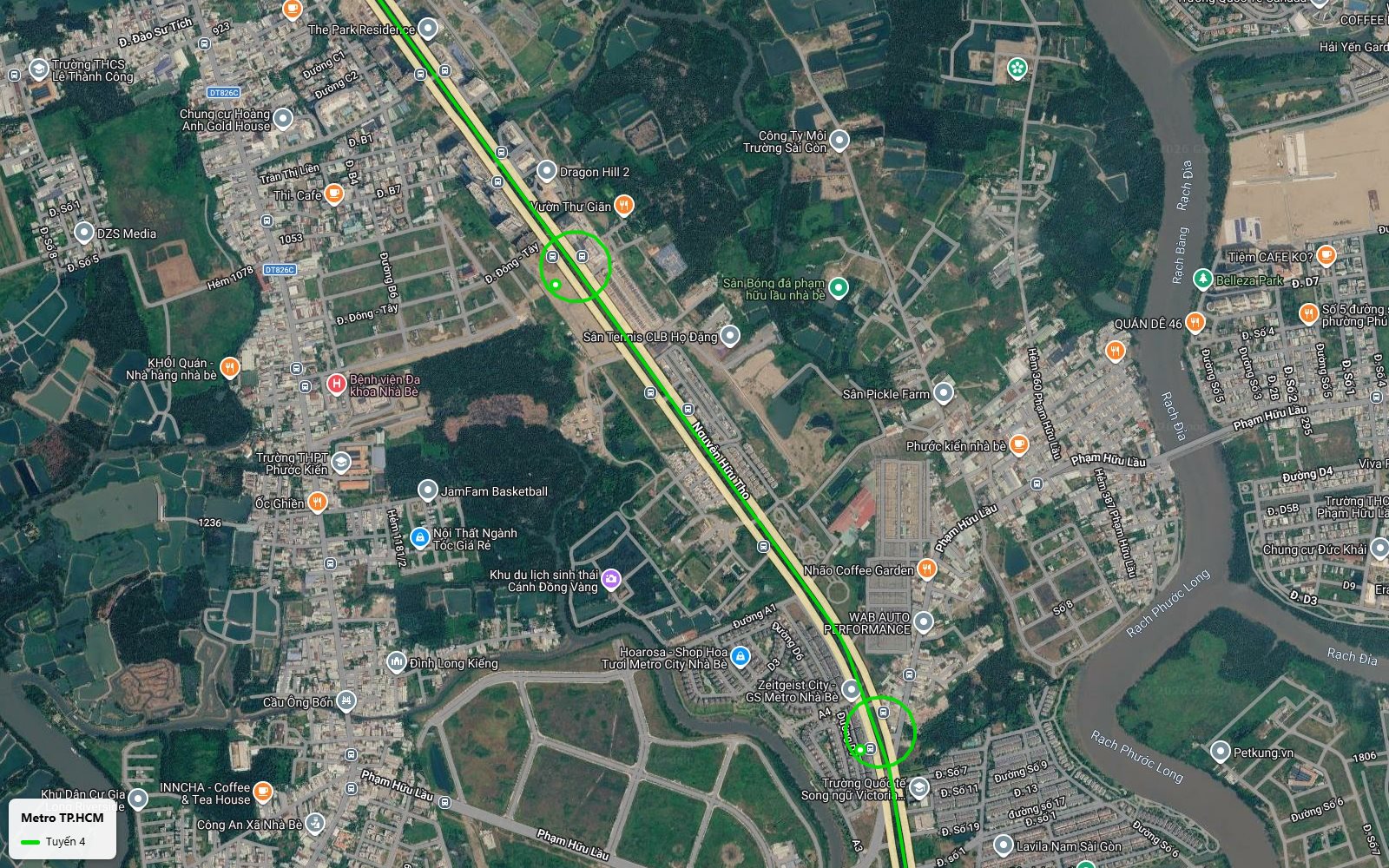 Ảnh vệ tinh tuyến metro số 4 Nhà Bè từ ga đường Đông Tây qua bệnh viện Nhà Bè tới khu đô thị Zeitgeist City