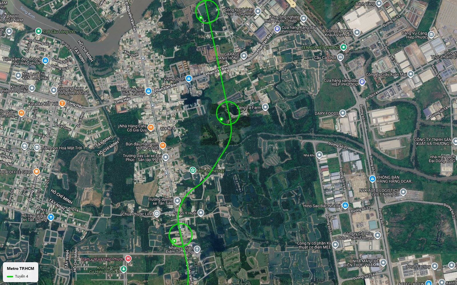 Ảnh vệ tinh tuyến metro số 4 TP.HCM đoạn Phan Văn Bảy Hiệp Phước gần Làng Ta Farm, giáp khu công nghiệp Long Hậu