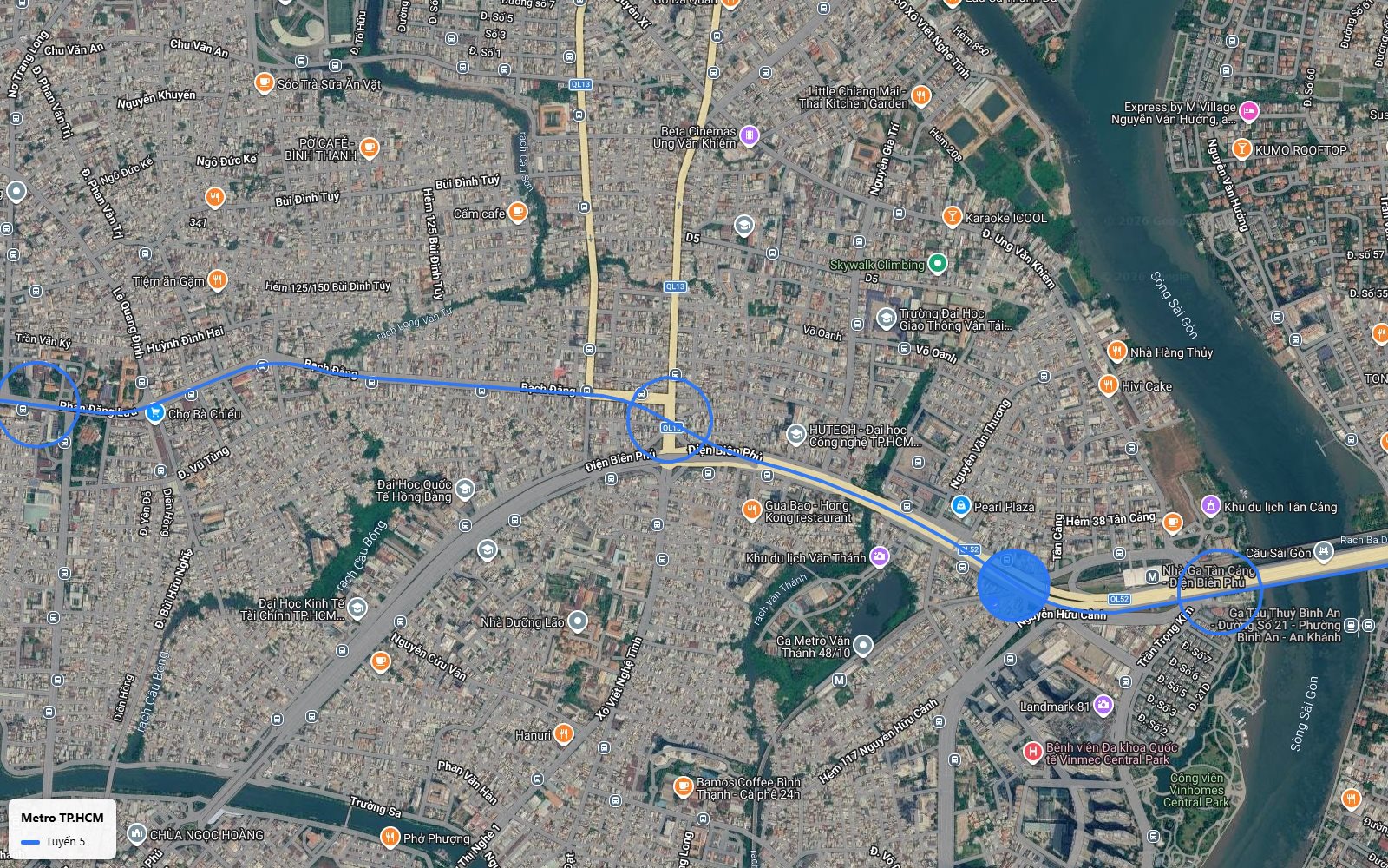 Nhìn từ trên bản đồ tuyến metro số 5 đoạn ngầm Điện Biên Phủ, Bạch Đằng qua Bình Thạnh về chợ Bà Chiểu