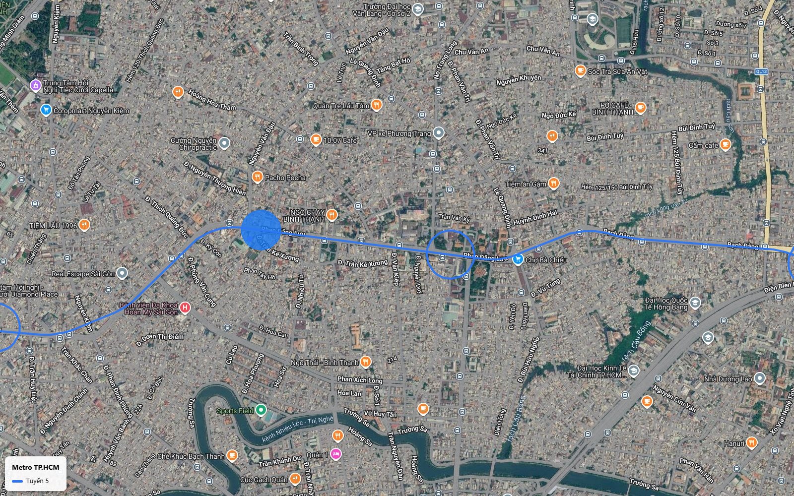 Nhìn từ trên bản đồ tuyến metro số 5 đi ngầm dưới đường Phan Đăng Lưu, quận Phú Nhuận