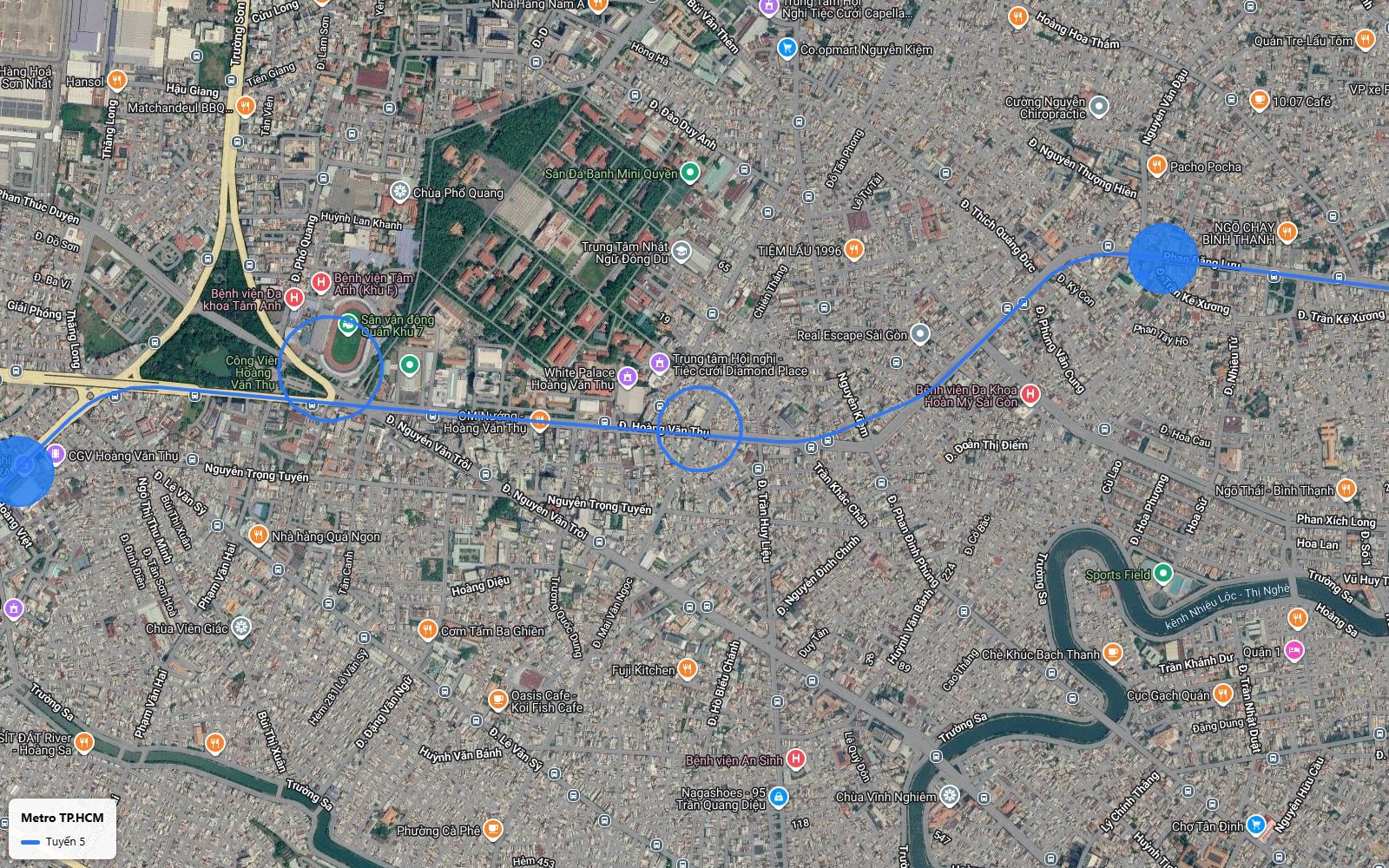 Nhìn từ trên bản đồ tuyến metro số 5 đi ngầm theo đường Hoàng Văn Thụ, gần sân vận động Quân khu 7