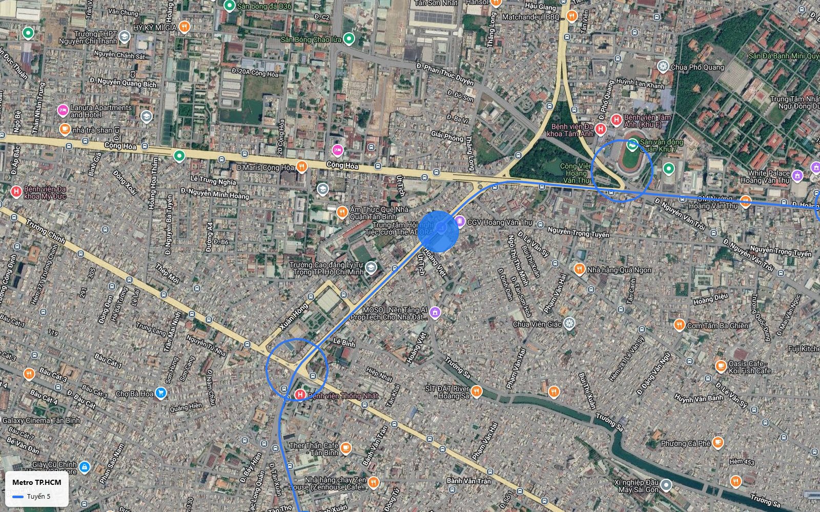 Nhìn từ trên bản đồ tuyến metro số 5 qua khu Lăng Cha Cả, đường Cộng Hòa và Bệnh viện Thống Nhất, Tân Bình