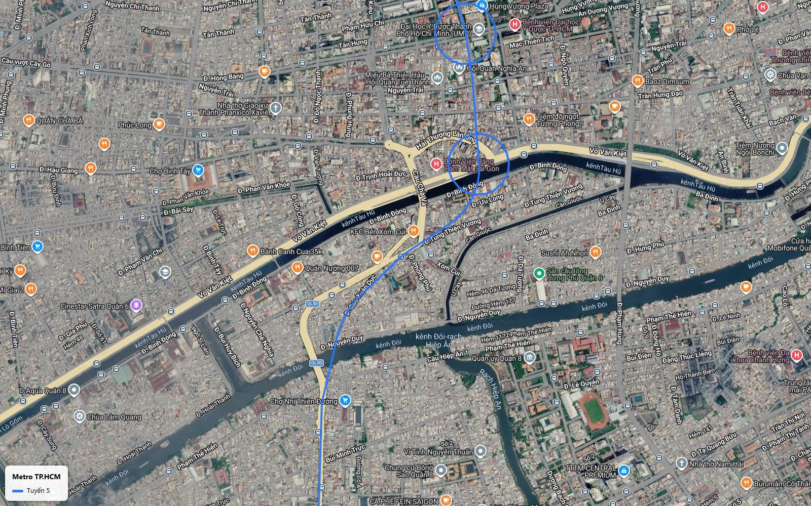 Nhìn từ trên bản đồ tuyến metro số 5 vượt đại lộ Võ Văn Kiệt, kênh Tàu Hủ và kênh Đôi vào Quận 8