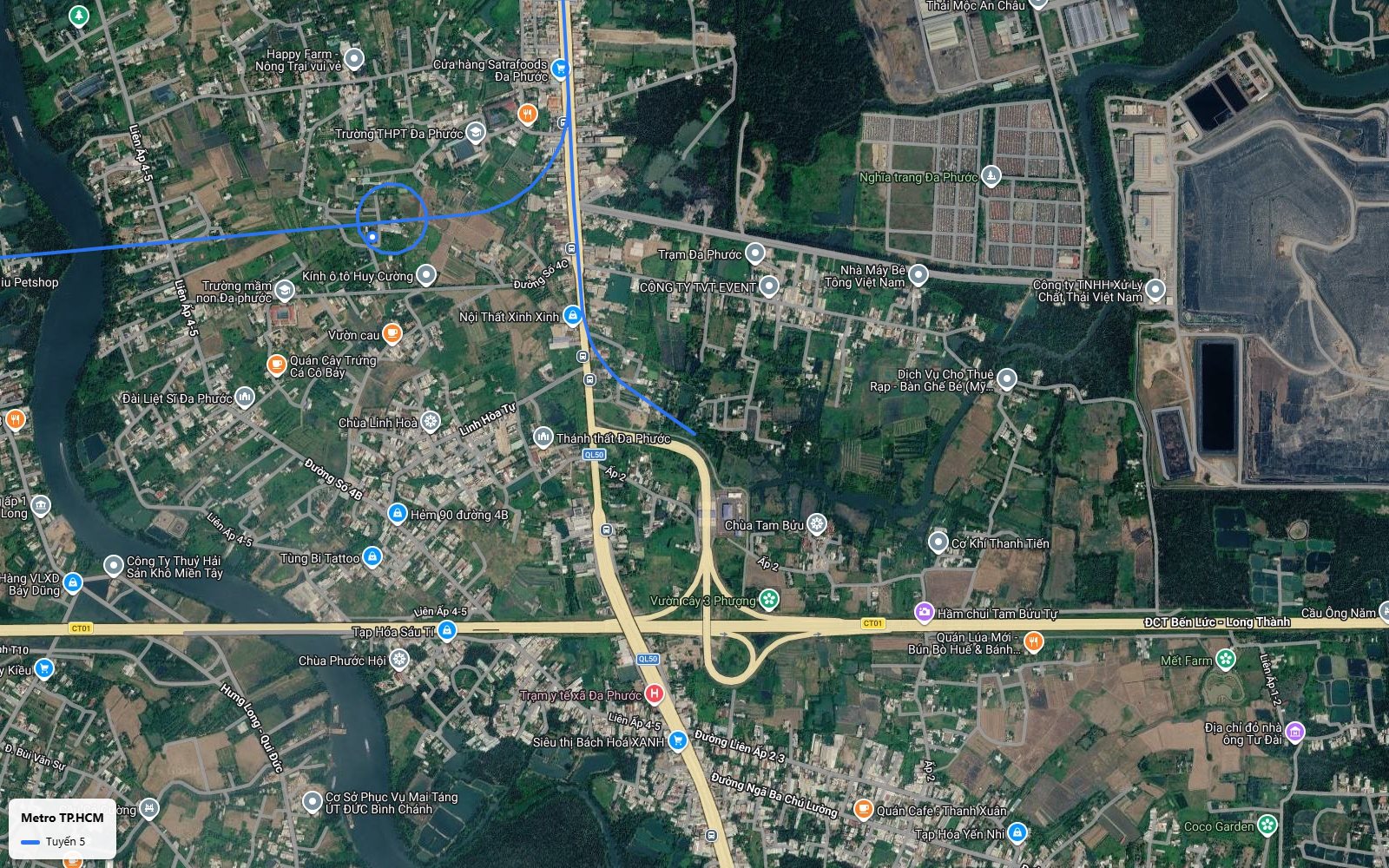 Nhìn từ trên tàu điểm cuối tuyến metro số 5 TP.HCM gần nút giao Quốc lộ 50 và cao tốc Bến Lức Long Thành, Đa Phước