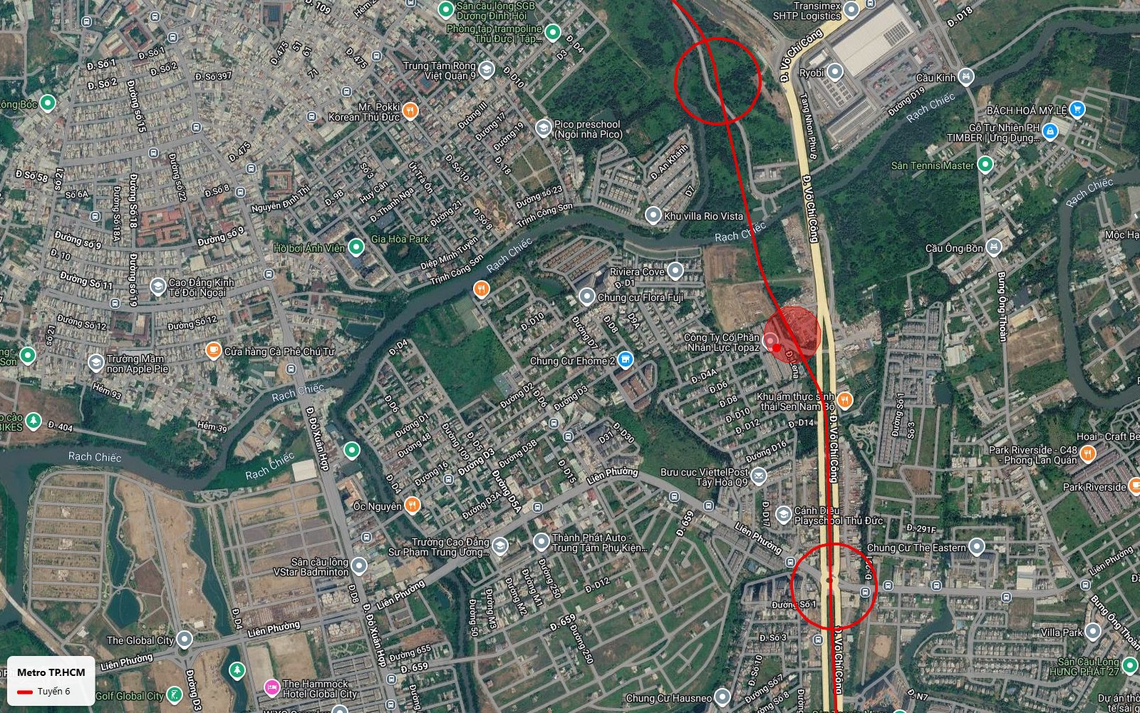 Ảnh vệ tinh tuyến metro số 6 dọc Võ Chí Công đoạn Tăng Nhơn Phú băng rạch Chiếc qua Rio Vista Riviera Cove