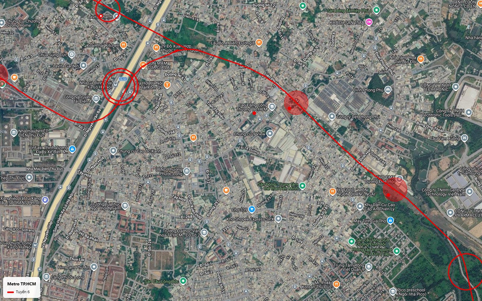 Ảnh vệ tinh ga Bình Thái trên Xa lộ Hà Nội QL52 nơi tuyến metro số 6 giao tuyến metro số 1 Bến Thành Suối Tiên
