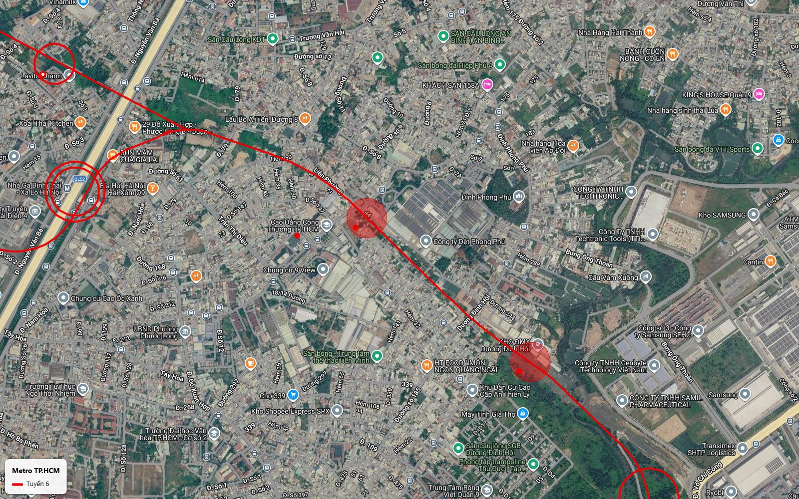 Ảnh vệ tinh hai ga ngầm tuyến metro số 6 trên trục Liên Phường Dương Đình Hội Phước Long B gần Samsung SEHC