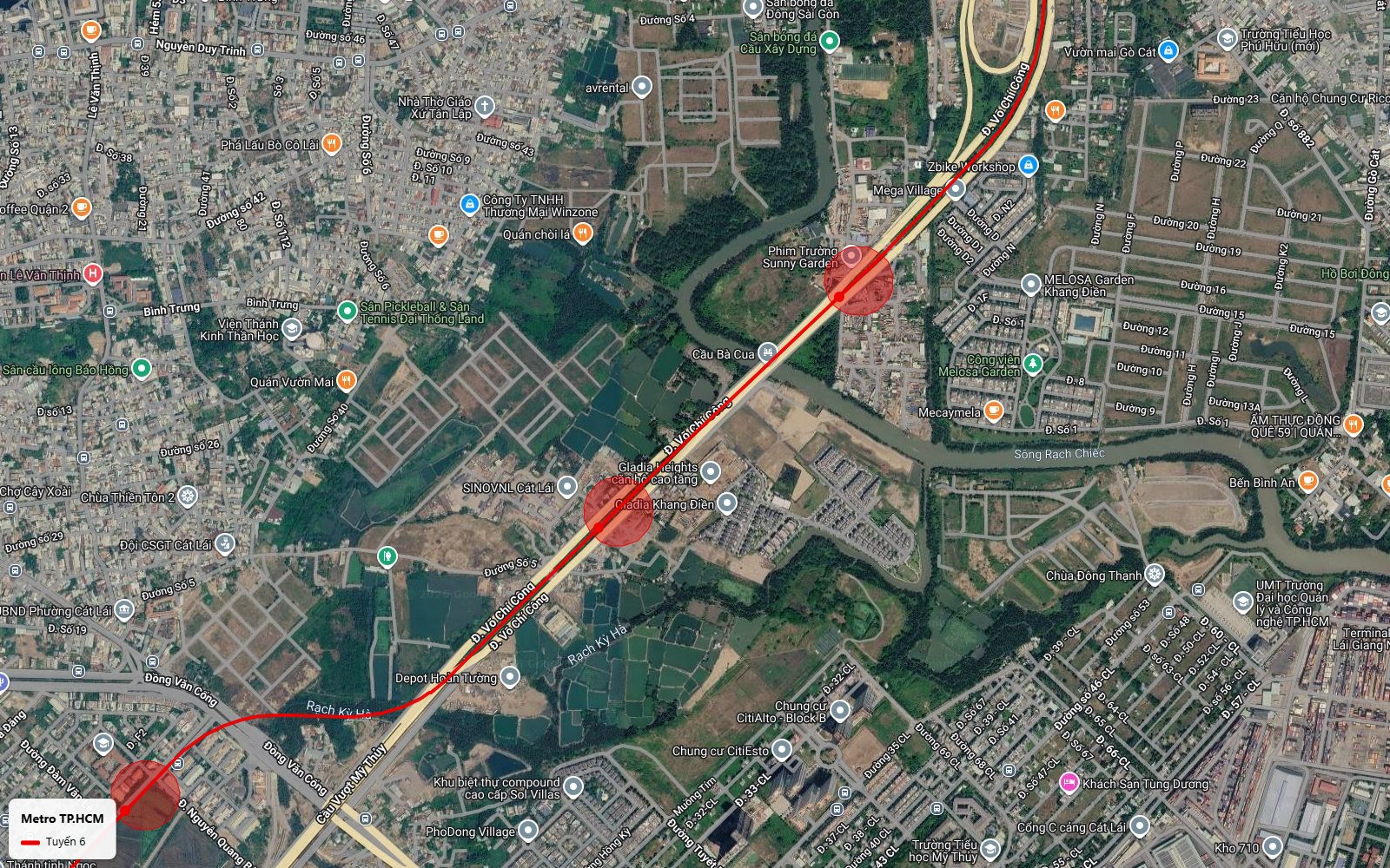 Ảnh vệ tinh tuyến metro số 6 dọc Võ Chí Công vượt cầu Bà Cua qua Mega Village Melosa Garden Khang Điền và depot Hoàn Tường